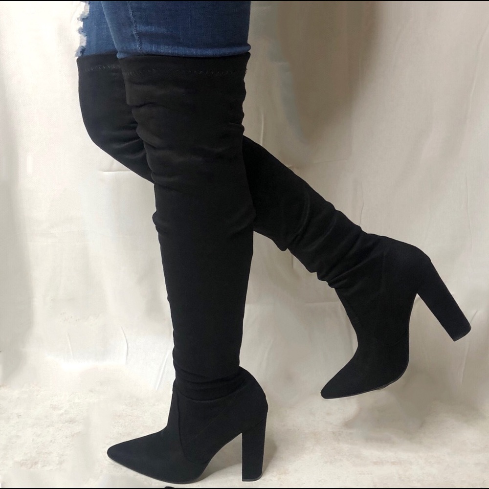 Black Over The Knee Boots Pointed Toe - Picture 3 of 7